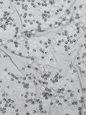 Stretch Net with Sequins – White Fancy Floral Clusters on Black Stretch Net with Sequins – White Fancy Floral Clusters on Black