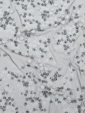Stretch Net with Sequins – White Fancy Floral Clusters on Black Stretch Net with Sequins – White Fancy Floral Clusters on Black