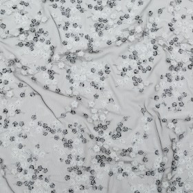 Stretch Net with Sequins – White Fancy Floral Clusters on Black Stretch Net with Sequins – White Fancy Floral Clusters on Black