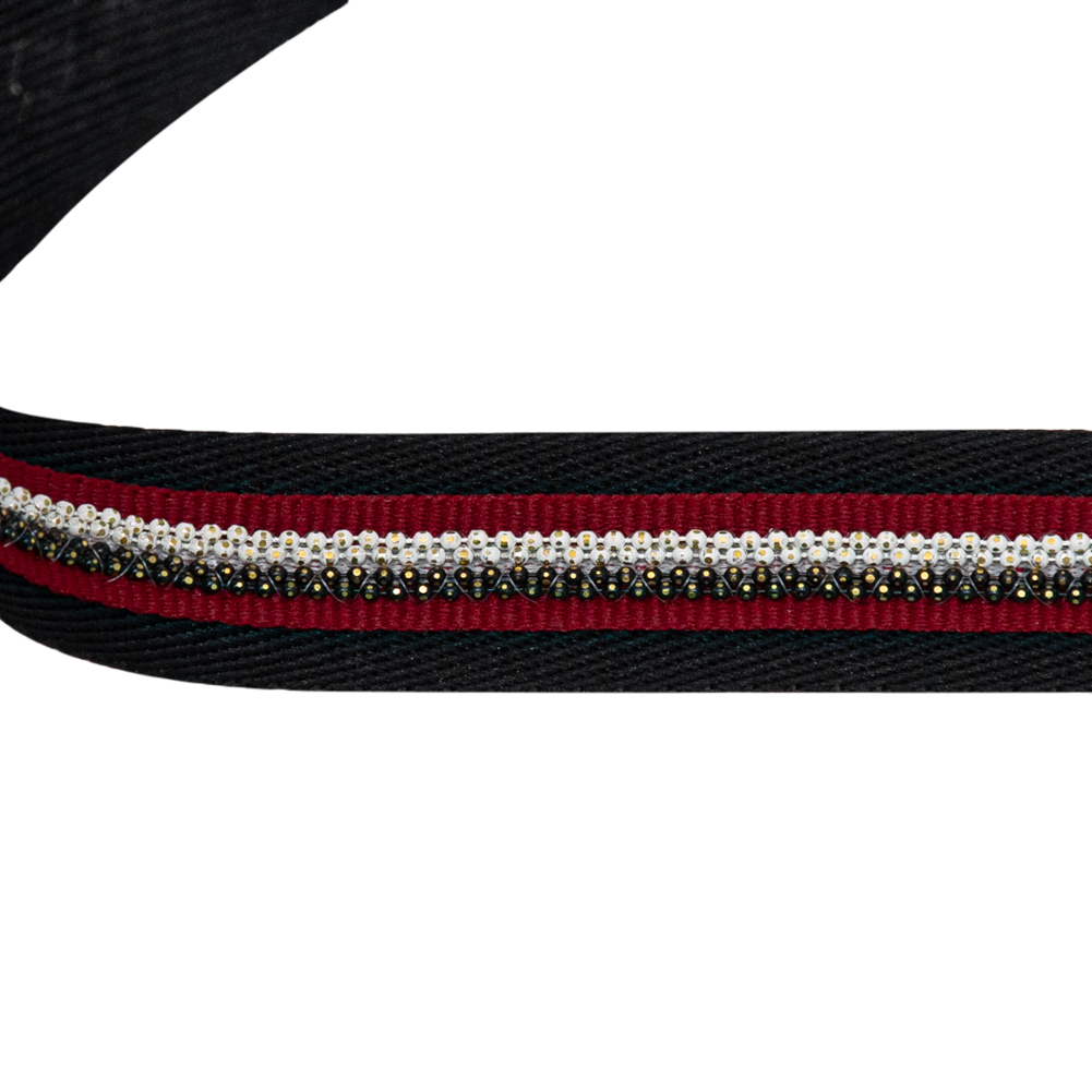Italian Black Twill Tape with Central Red Grosgrain Ribbon and Metallic Metal Ball Chains