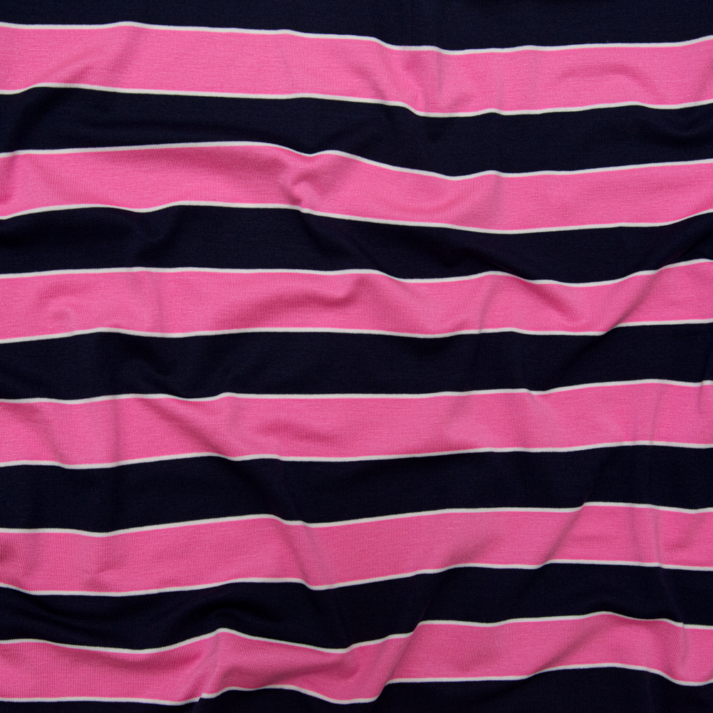Wild Orchid and Evening Blue Awning Striped Polyester Jersey Wild Orchid and Evening Blue Awning Striped Polyester Jersey