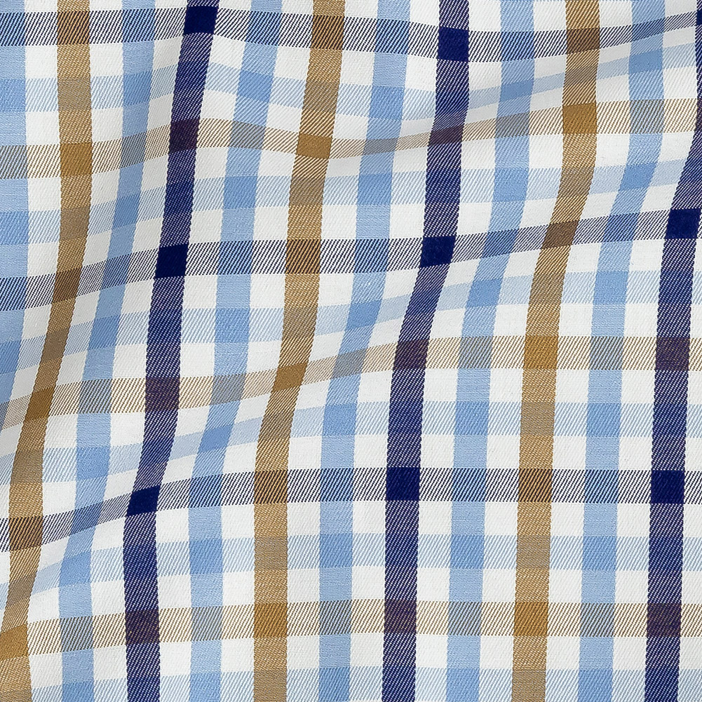 Premium Blue and Cafe au Lait Medium Tattersall Checkered Cotton Shirting
