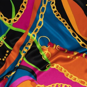 Mood Exclusive Italian Teal, Orange and Gold Chains and Purse Straps Digitally Printed Silk Charmeuse Mood Exclusive Italian Teal, Orange and Gold Chains and Purse Straps Digitally Printed Silk Charmeuse