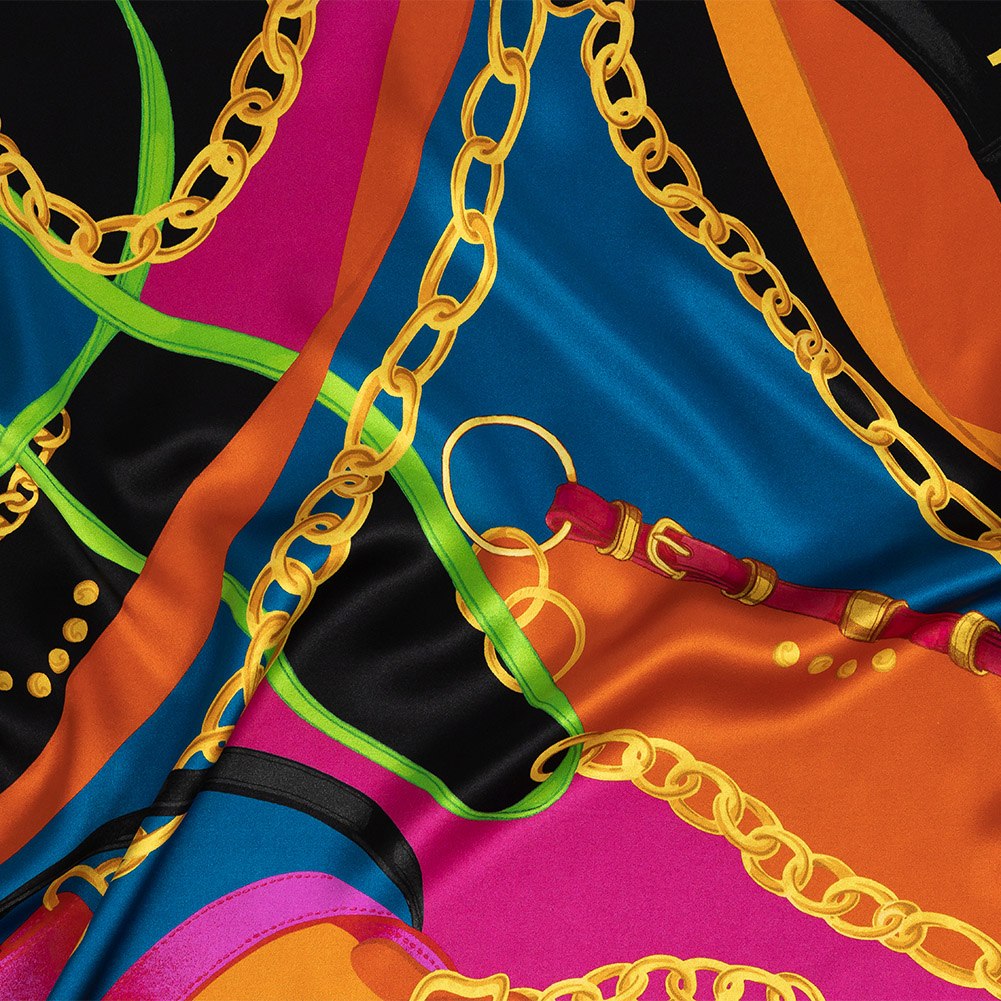 Mood Exclusive Italian Teal, Orange and Gold Chains and Purse Straps Digitally Printed Silk Charmeuse Mood Exclusive Italian Teal, Orange and Gold Chains and Purse Straps Digitally Printed Silk Charmeuse