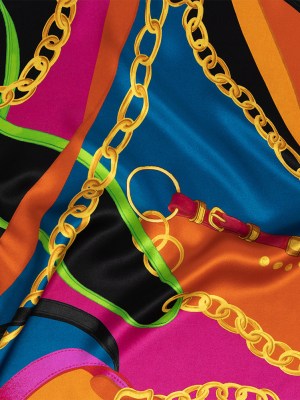 Mood Exclusive Italian Teal, Orange and Gold Chains and Purse Straps Digitally Printed Silk Charmeuse Mood Exclusive Italian Teal, Orange and Gold Chains and Purse Straps Digitally Printed Silk Charmeuse