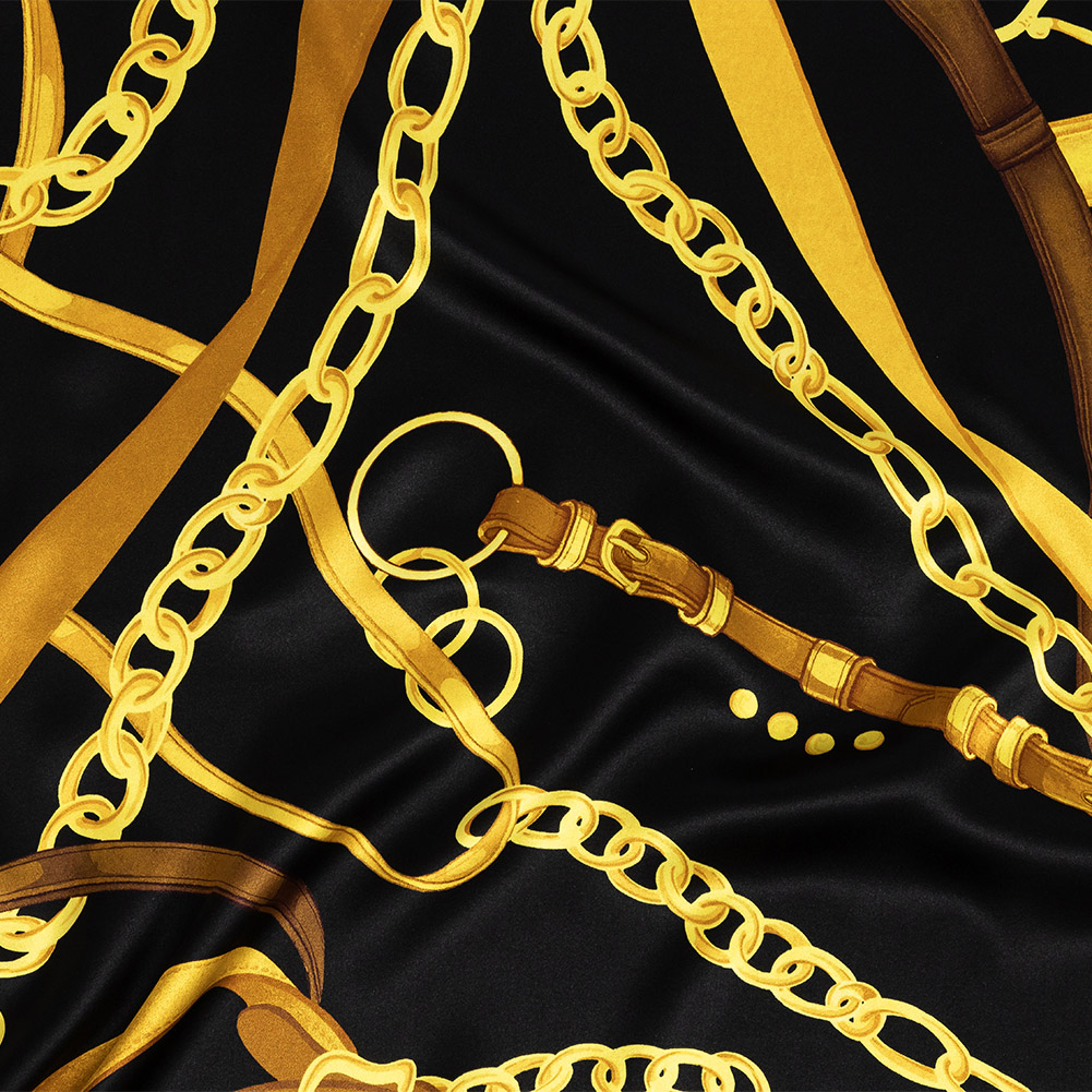 Mood Exclusive Italian Black and Gold Chains and Purse Straps Digitally Printed Silk Charmeuse Mood Exclusive Italian Black and Gold Chains and Purse Straps Digitally Printed Silk Charmeuse