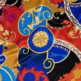 Mood Exclusive Italian Cobalt, Golden Oak and Hot Coral Ornate Digitally Printed Silk Charmeuse Mood Exclusive Italian Cobalt, Golden Oak and Hot Coral Ornate Digitally Printed Silk Charmeuse
