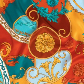 Mood Exclusive Italian Rust, Sun Orange and Bachelor Button Ornate Digitally Printed Silk Charmeuse Mood Exclusive Italian Rust, Sun Orange and Bachelor Button Ornate Digitally Printed Silk Charmeuse