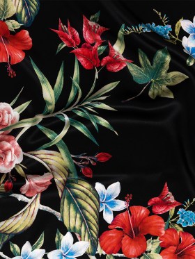 Mood Exclusive Italian Black, Red and Blue Floral Border Digitally Printed Silk Charmeuse Mood Exclusive Italian Black, Red and Blue Floral Border Digitally Printed Silk Charmeuse