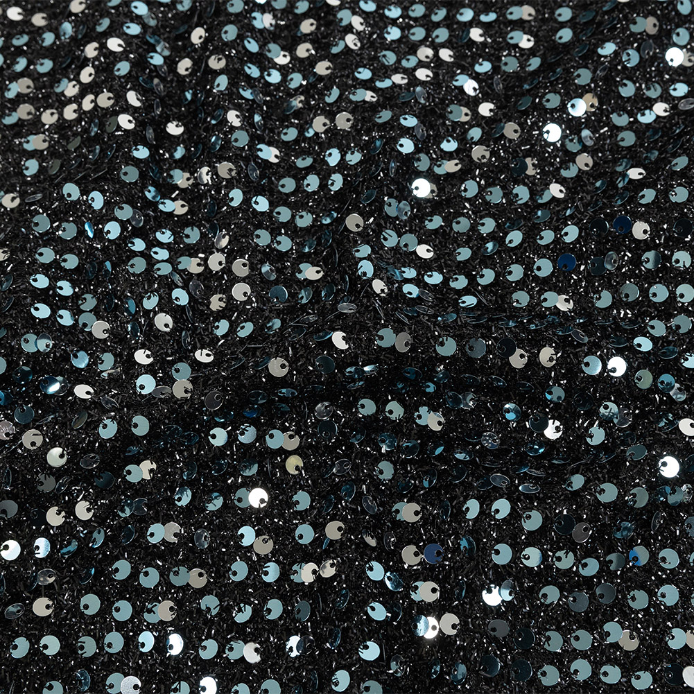 Eyelash Fringe Woven with Two-Tone Circle Paillette Sequins – Aqua and Black – Rossi Collection Eyelash Fringe Woven with Two-Tone Circle Paillette Sequins – Aqua and Black – Rossi Collection