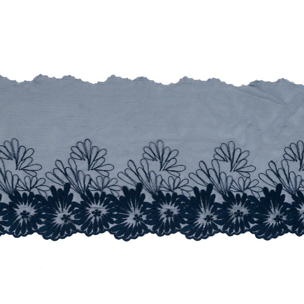 Poseidon Blue Floral Embroidered Mesh Trim - 4.5"