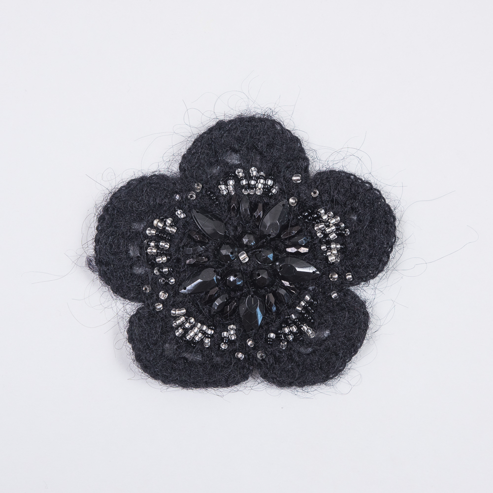 Black Knit Beaded Flower Brooch – 4″ Black Knit Beaded Flower Brooch – 4″