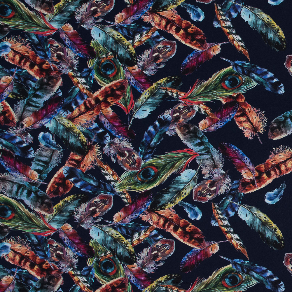 Organic Viscose Batiste – Navy and Multicolor Feather Border Print Organic Viscose Batiste – Navy and Multicolor Feather Border Print