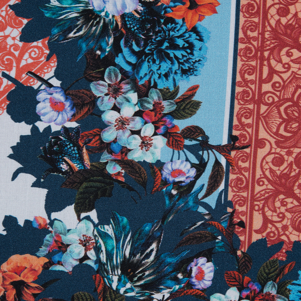 Organic Viscose Batiste Panel – Mandarin and Baby Blue Floral Organic Viscose Batiste Panel – Mandarin and Baby Blue Floral