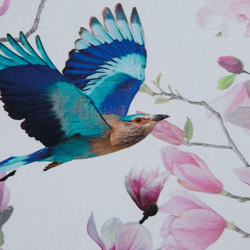Organic Viscose Batiste – Pink and Blue Flowers and Birds Organic Viscose Batiste – Pink and Blue Flowers and Birds