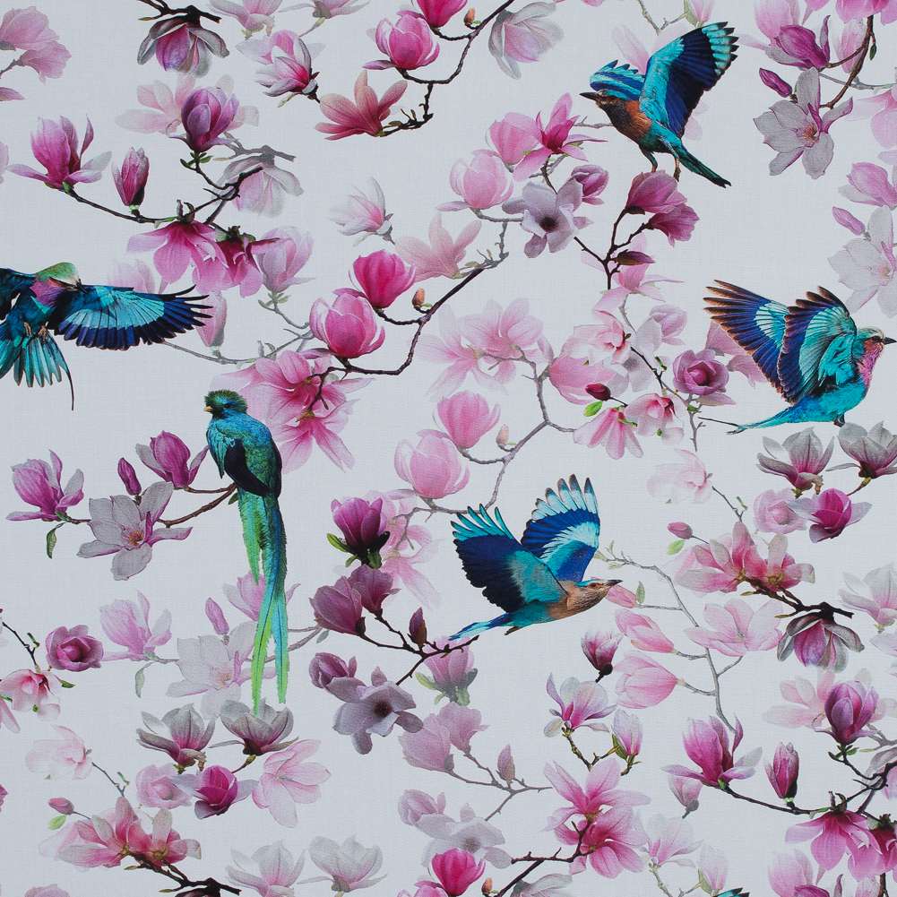Organic Viscose Batiste – Pink and Blue Flowers and Birds Organic Viscose Batiste – Pink and Blue Flowers and Birds