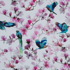 Organic Viscose Batiste – Pink and Blue Flowers and Birds Organic Viscose Batiste – Pink and Blue Flowers and Birds