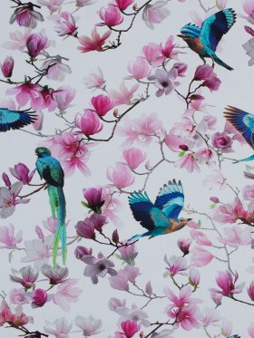 Organic Viscose Batiste – Pink and Blue Flowers and Birds Organic Viscose Batiste – Pink and Blue Flowers and Birds