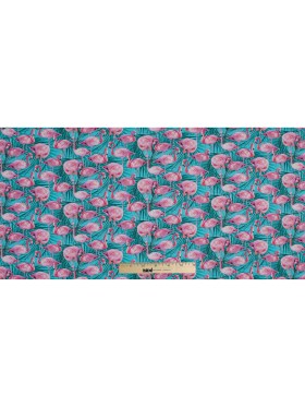 Organic Viscose Batiste – Pink and Blue Flamingos and Palm Leaves Organic Viscose Batiste – Pink and Blue Flamingos and Palm Leaves