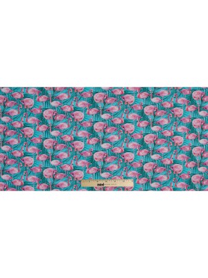 Organic Viscose Batiste – Pink and Blue Flamingos and Palm Leaves Organic Viscose Batiste – Pink and Blue Flamingos and Palm Leaves