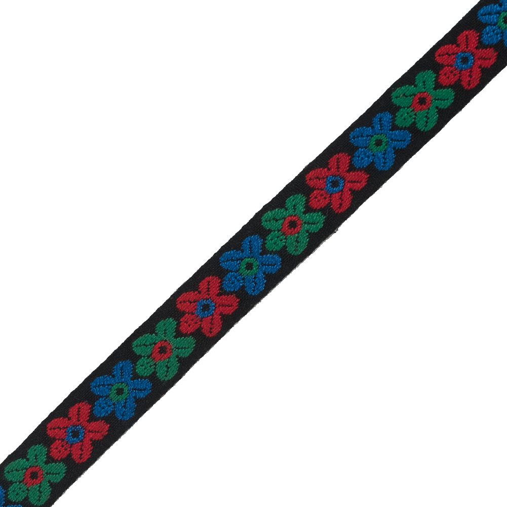 Red, Green and Blue Floral Embroidered Ribbon - 0.5"