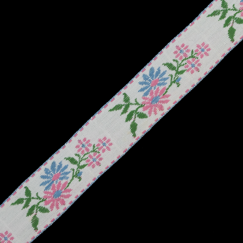 Pink and Blue Floral German Jacquard Ribbon - 0.875"