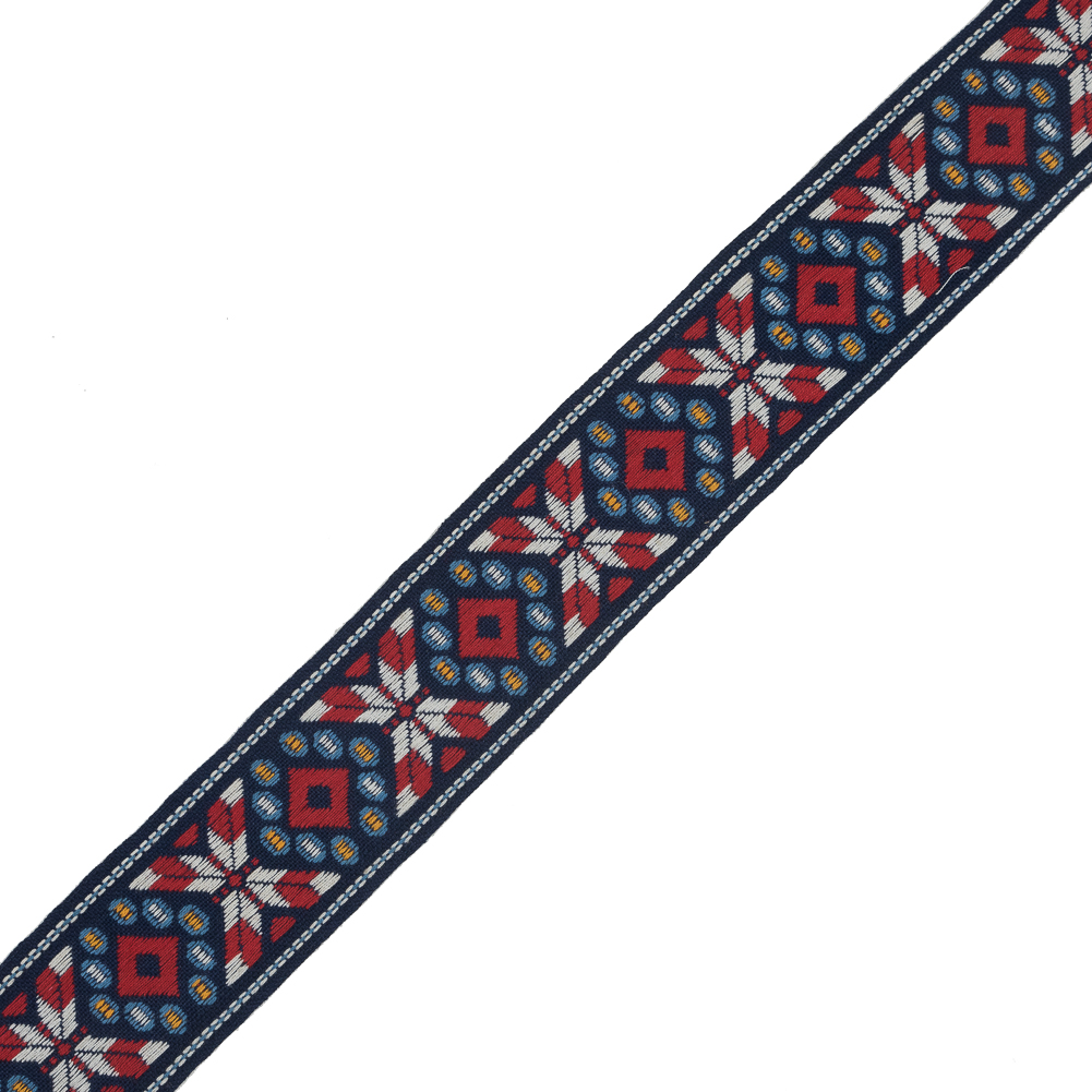 Blue, Red and White Geometric Jacquard Ribbon – 1.875″ Blue, Red and White Geometric Jacquard Ribbon – 1.875″