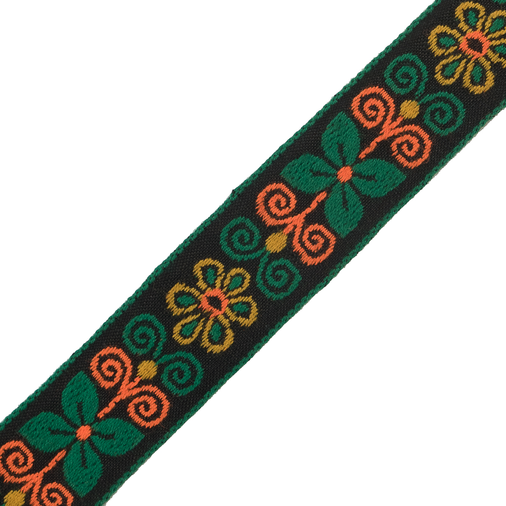 Green and Neon Orange Floral German Jacquard Ribbon - 1"