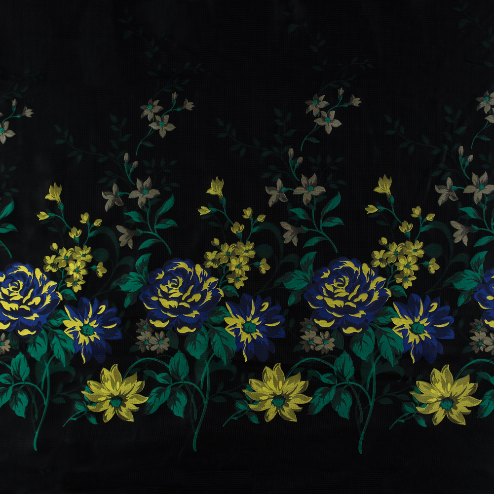 Blue, Yellow and Black Floral Embroidered Ripstop Jacquard Blue, Yellow and Black Floral Embroidered Ripstop Jacquard