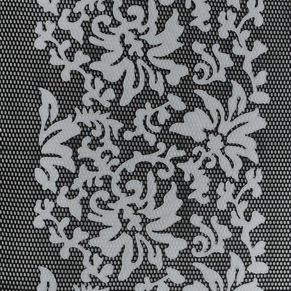 Wonder Mesh with Floral Faux Leather Embroidered Borders – Black and White Wonder Mesh with Floral Faux Leather Embroidered Borders – Black and White