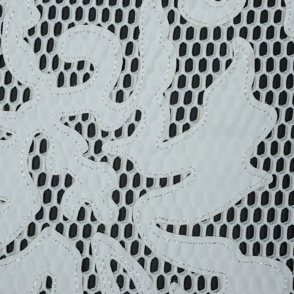 Wonder Mesh with Floral Faux Leather Embroidered Borders – Whisper White Wonder Mesh with Floral Faux Leather Embroidered Borders – Whisper White