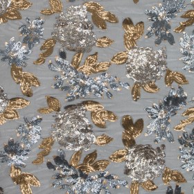 Mesh with Sequin Flowers – Gold and Gray on Black Mesh with Sequin Flowers – Gold and Gray on Black