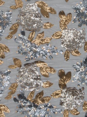 Mesh with Sequin Flowers – Gold and Gray on Black Mesh with Sequin Flowers – Gold and Gray on Black