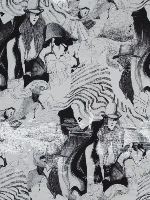 Metallic Silver Abstract Jacquard with Black and White Fashion Sketch Print Metallic Silver Abstract Jacquard with Black and White Fashion Sketch Print