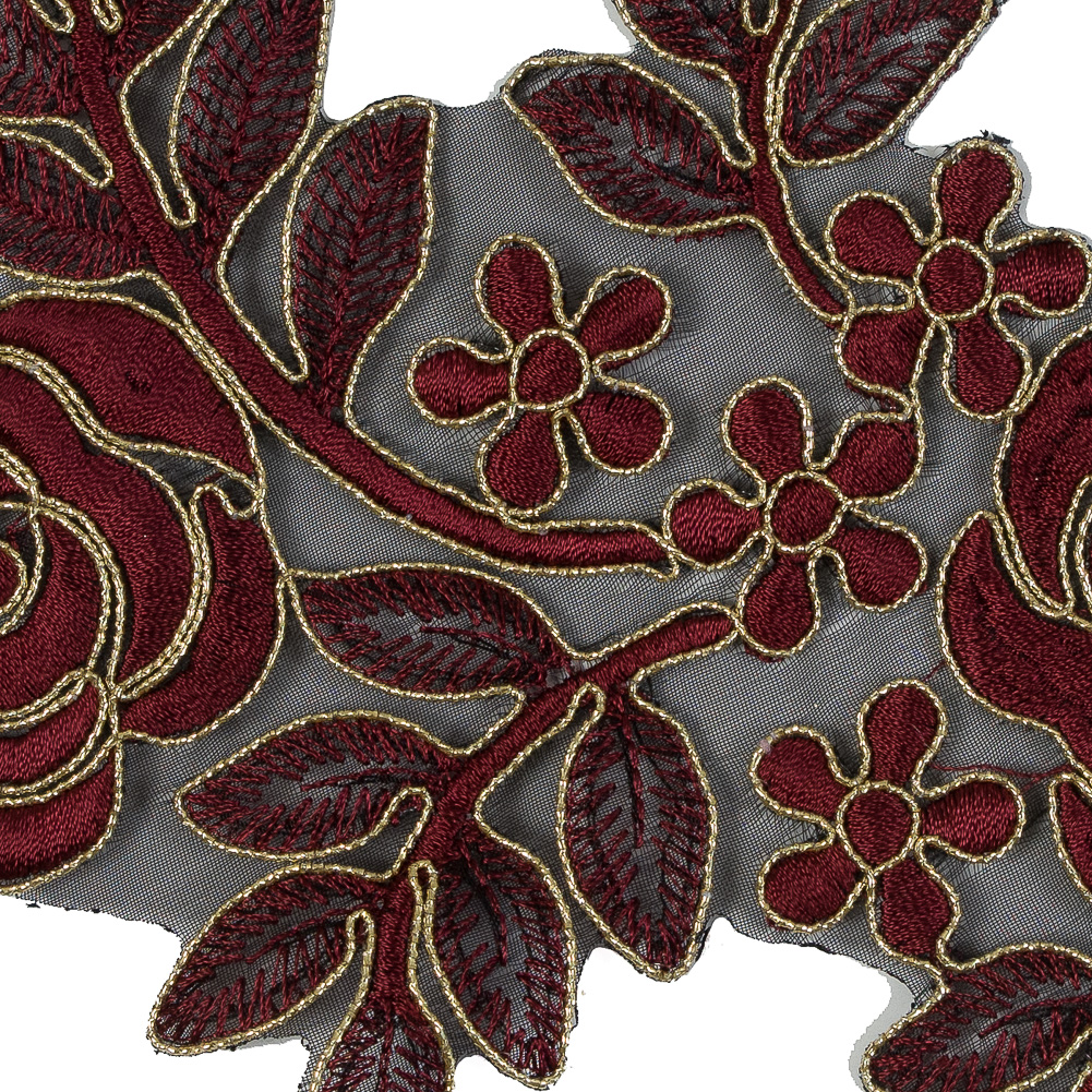 Metallic Gold and Maroon Re-Embroidered Floral Organza Trim - 6"