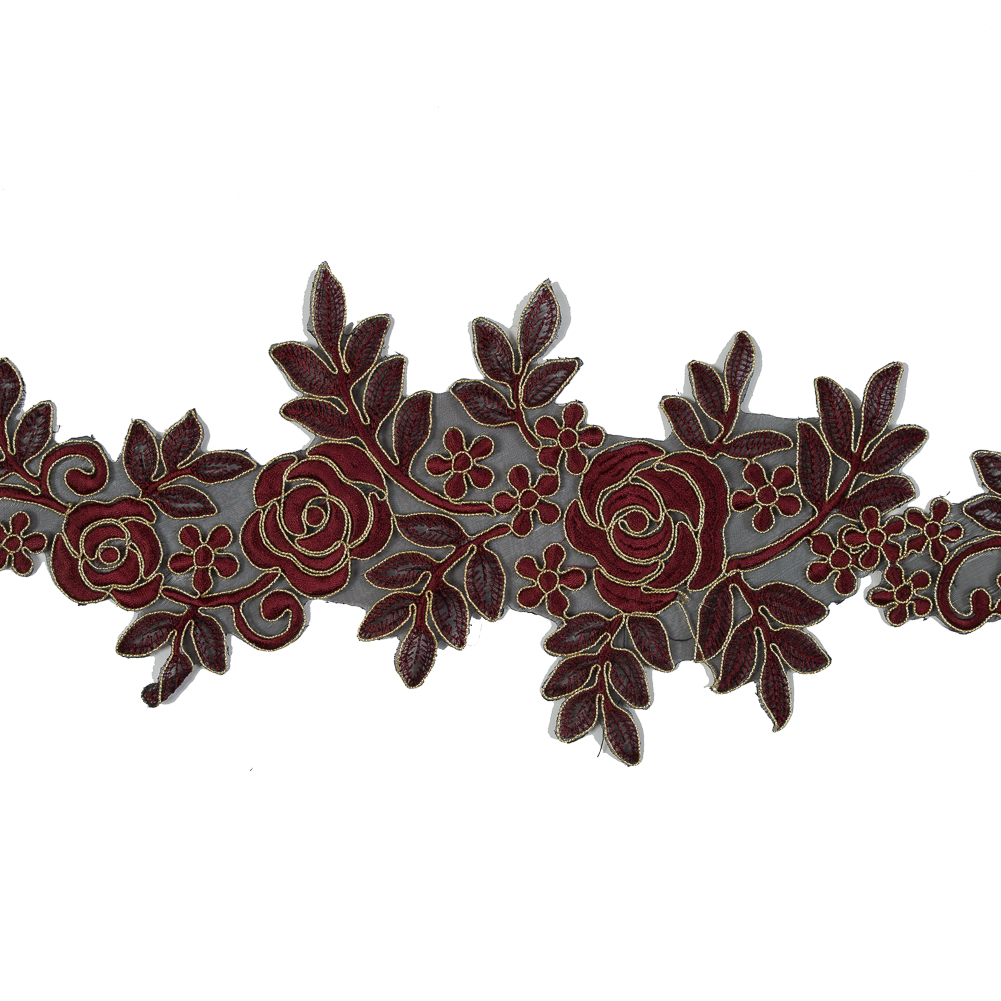 Metallic Gold and Maroon Re-Embroidered Floral Organza Trim – 6″ Metallic Gold and Maroon Re-Embroidered Floral Organza Trim – 6″