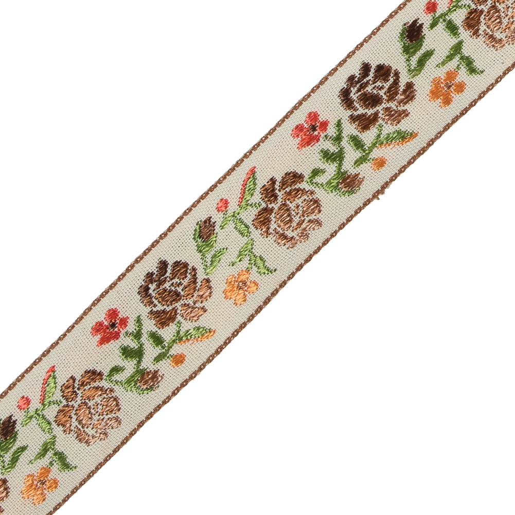 Brown, Orange and Green Floral Jacquard Ribbon - 0.875"