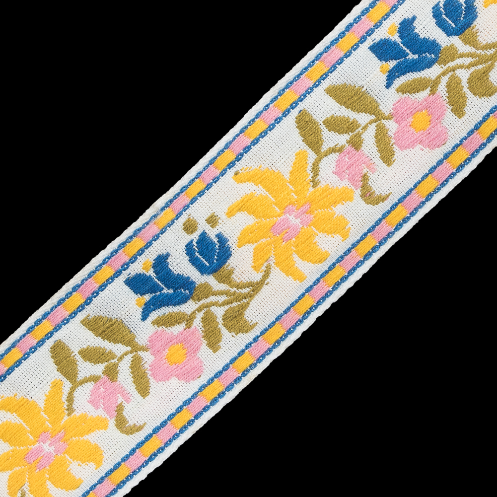 White, Yellow and Pink Floral Jacquard Ribbon - 1.625"