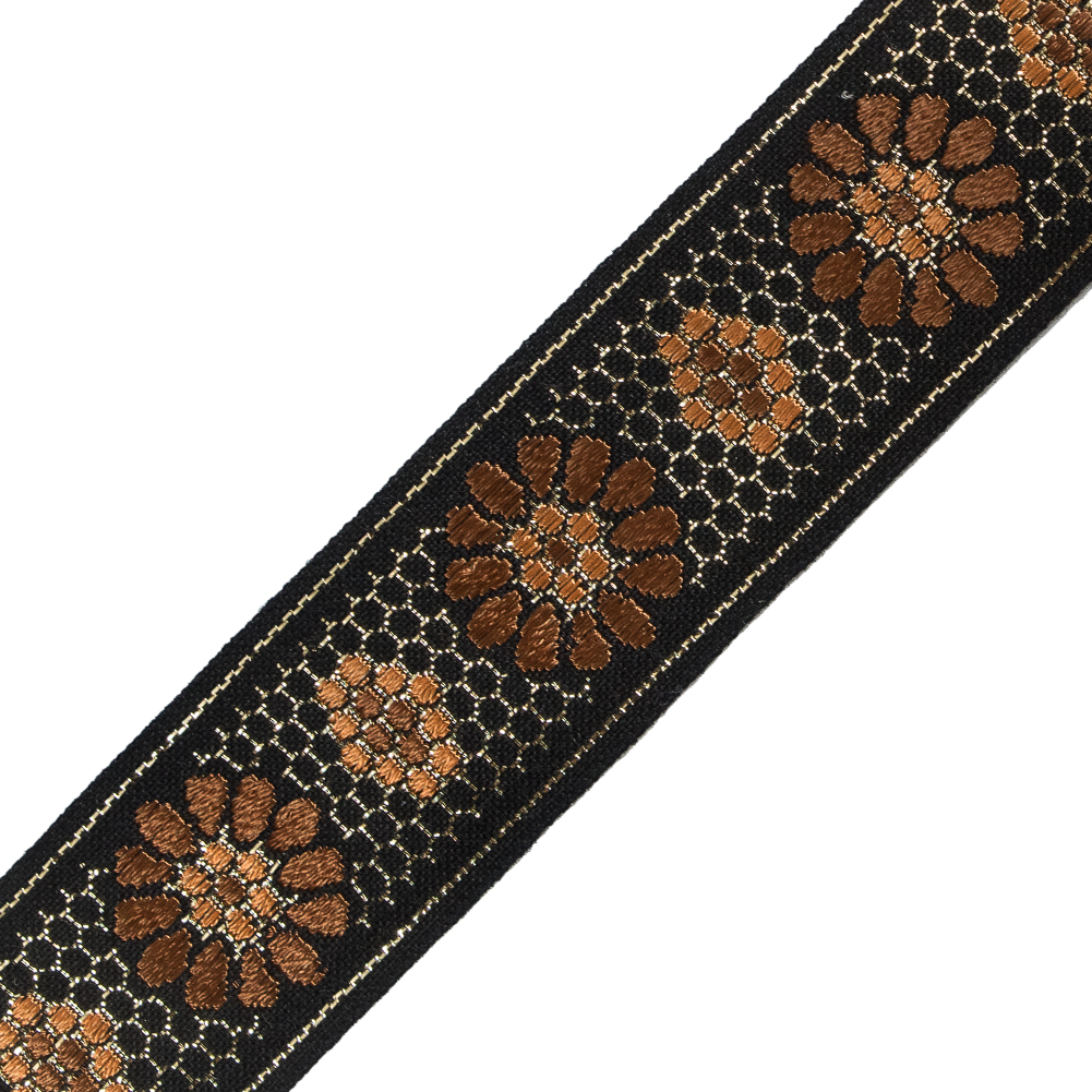 Black, Brown and Orange Metallic Geometric Jacquard Ribbon - 1.5"