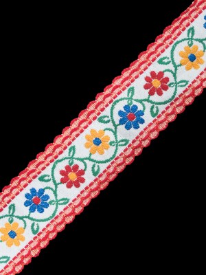 Red, Yellow and Blue Raised Floral German Jacquard Ribbon – 2″ Red, Yellow and Blue Raised Floral German Jacquard Ribbon – 2″