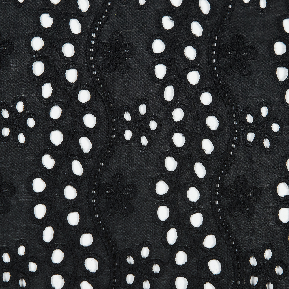 Black Striped Floral Embroidered Cotton Eyelet with Scalloped Edges