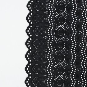 Black Striped Floral Embroidered Cotton Eyelet with Scalloped Edges Black Striped Floral Embroidered Cotton Eyelet with Scalloped Edges