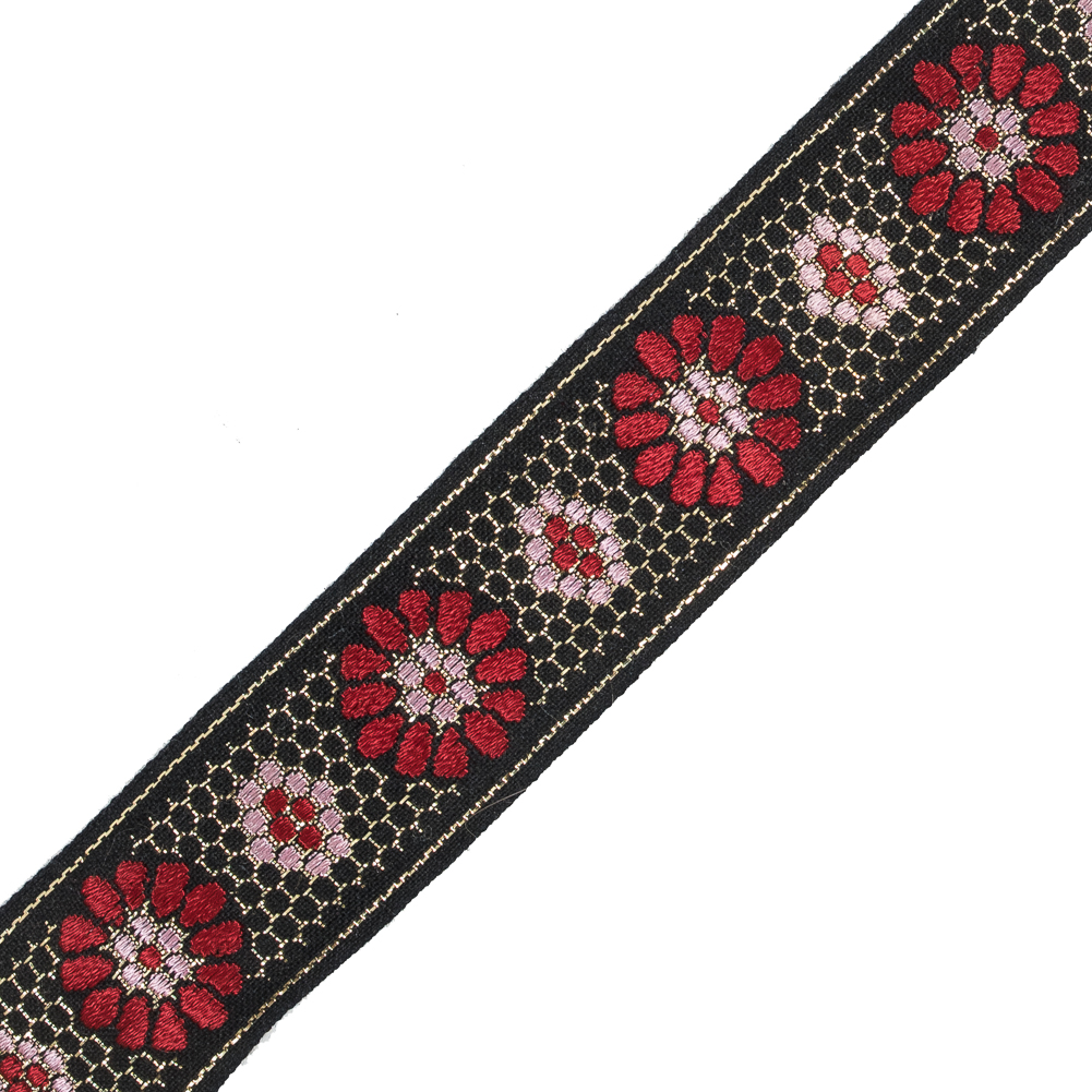 Black, Red and Pink Metallic Geometric Jacquard Ribbon - 1.5"
