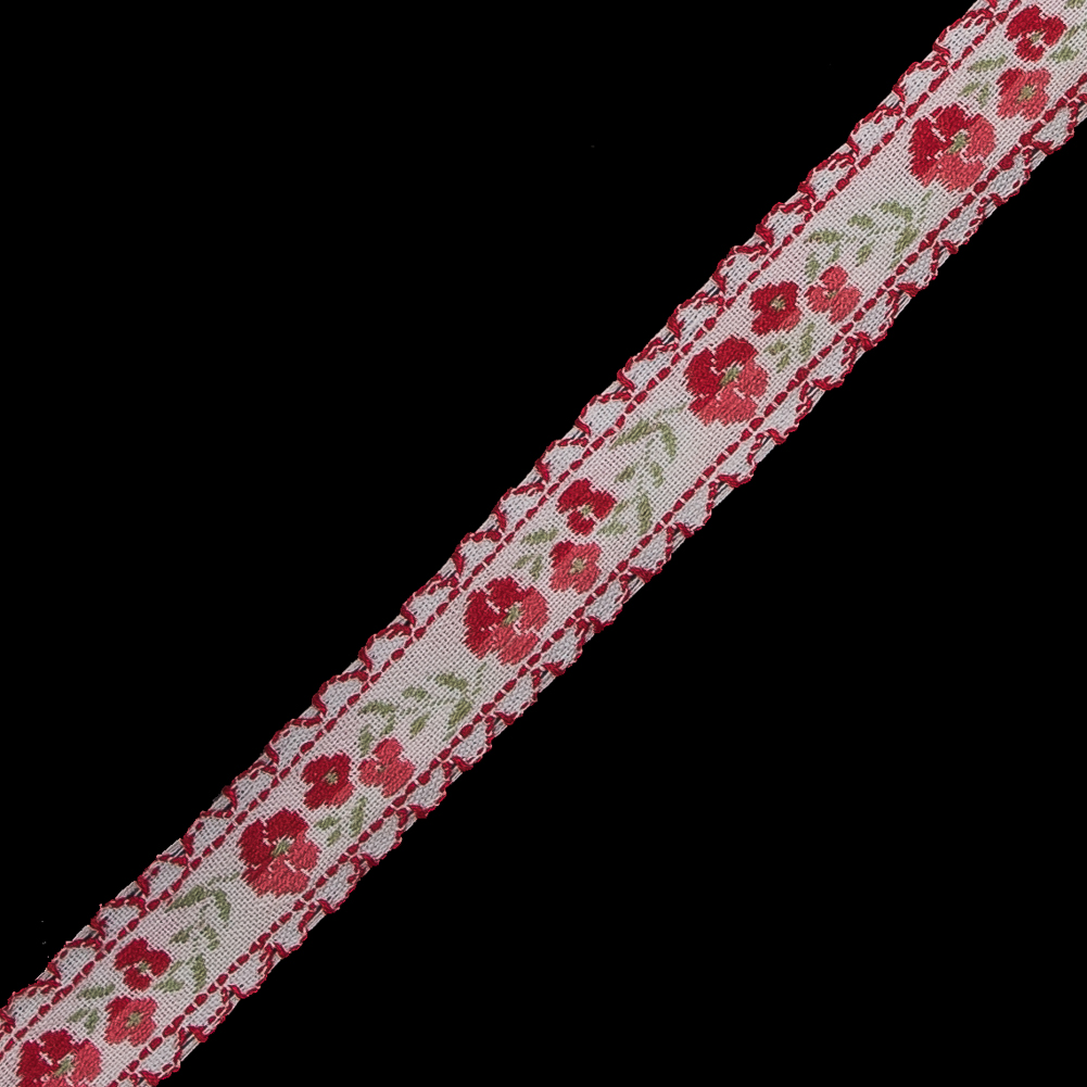 Red and Pale Gray Floral German Jacquard Ribbon - 0.5"