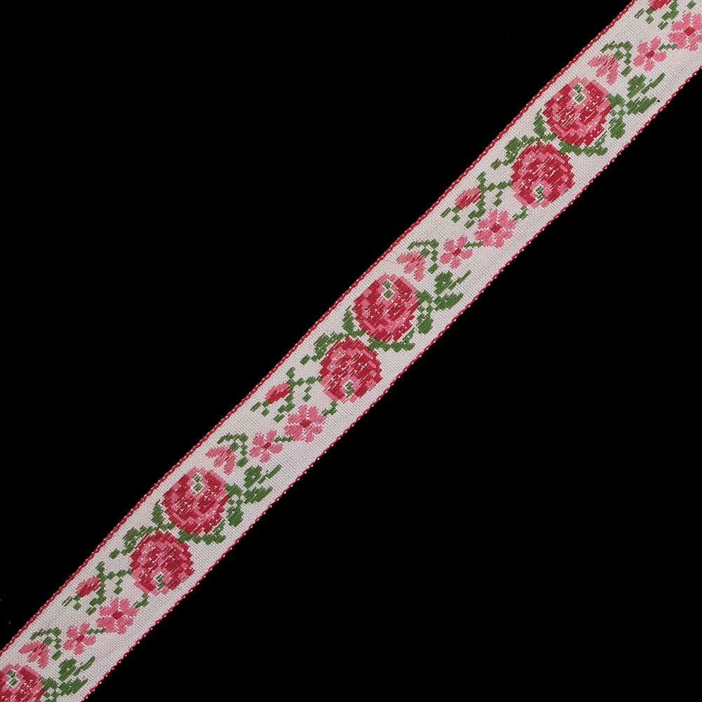 Pink and Green Floral German Jacquard Ribbon – 0.75″ Pink and Green Floral German Jacquard Ribbon – 0.75″