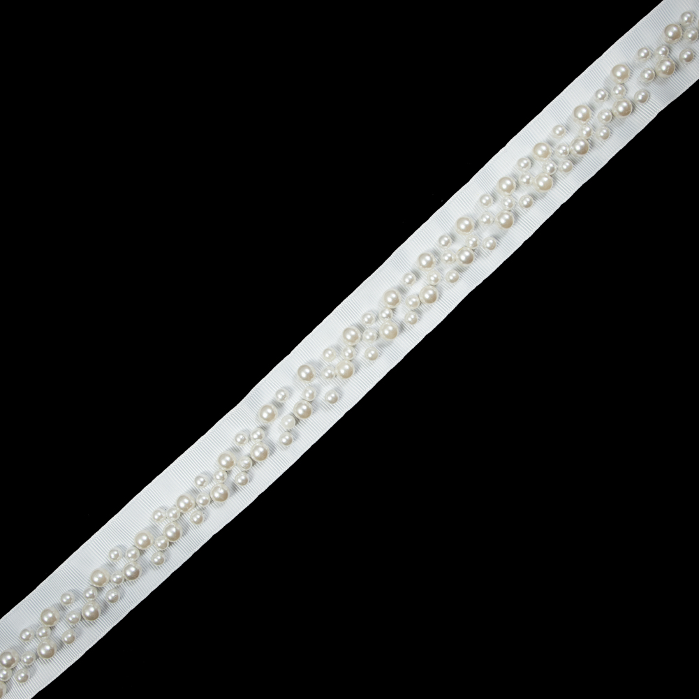 White Grosgrain & White Pearl Beaded Trim – 1.25″ White Grosgrain & White Pearl Beaded Trim – 1.25″