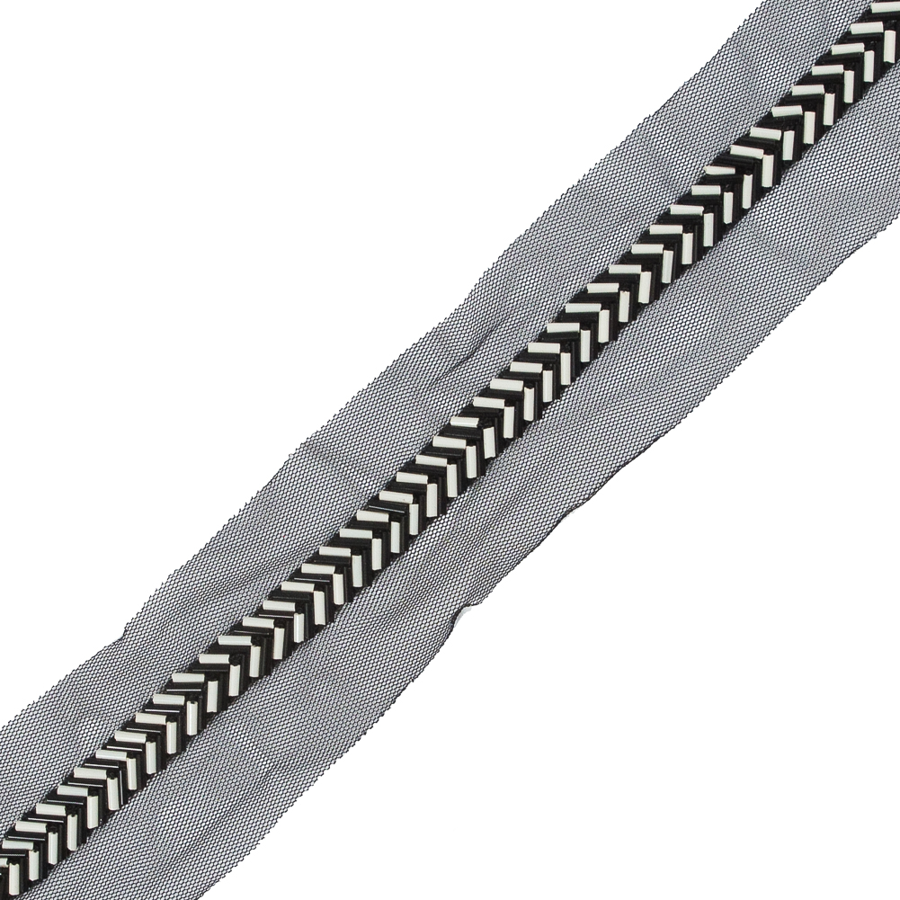 Italian Black and White Chevron Beaded Applique - 12" x 0.5"