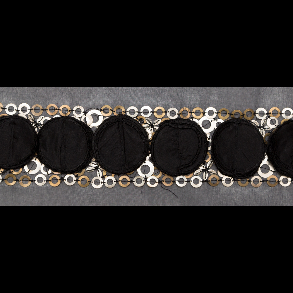 Italian 3D Black Organza Trimming with Gold Metal Sequins – 3″ Italian 3D Black Organza Trimming with Gold Metal Sequins – 3″