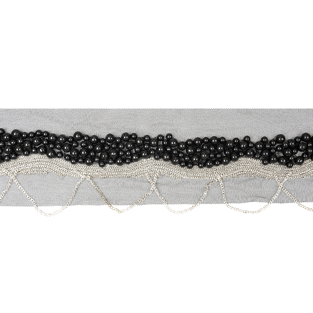 Italian Black Beaded Mesh Trimming with Silver Metal Chains – 3.5″ Italian Black Beaded Mesh Trimming with Silver Metal Chains – 3.5″