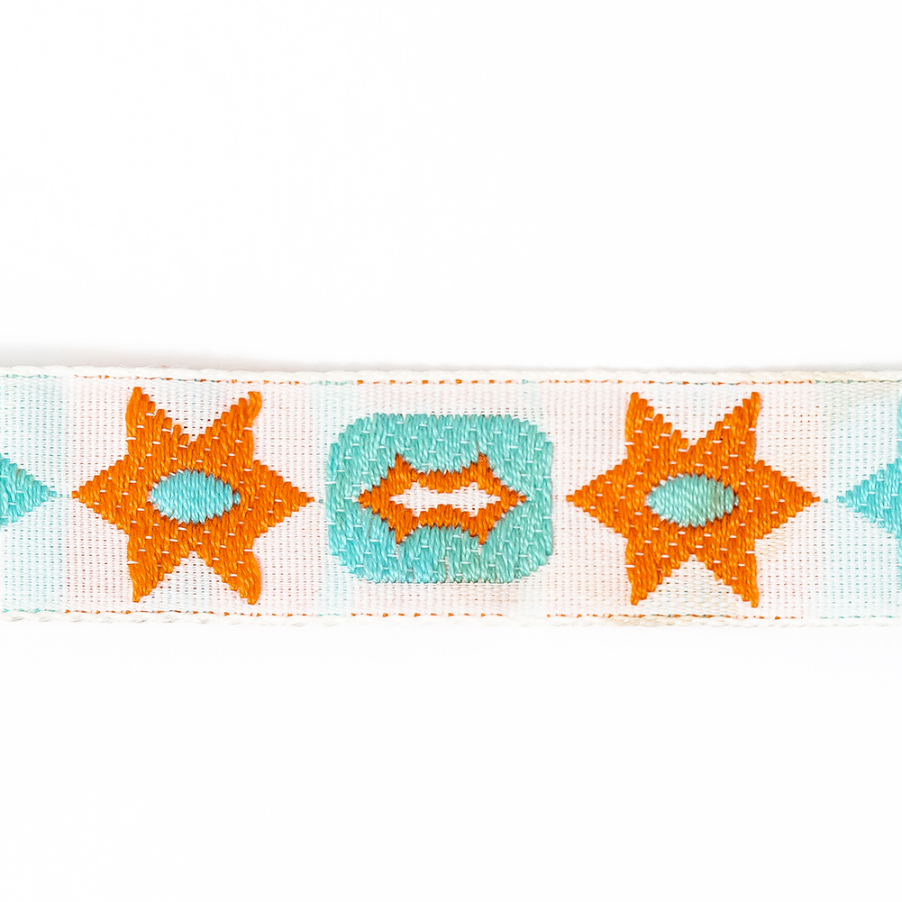 Orange and Blue Geometric Jacquard Ribbon - 0.625"